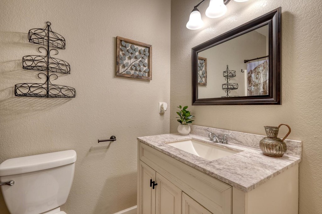 3204 Creekview Road Hiawassee, GA 30546 - Photo 29 of 45 a bathroom with a granite countertop sink and a toilet