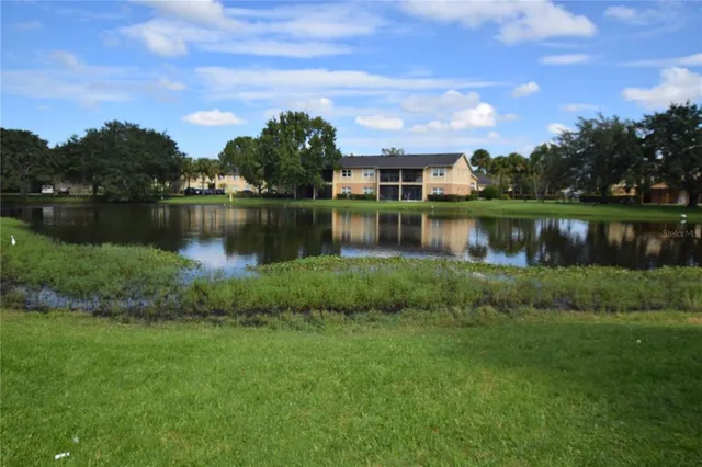 a view of a lake with a big yard and large trees