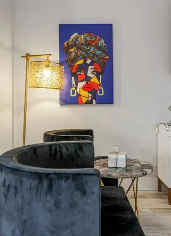 a bathroom with a shower and vanity