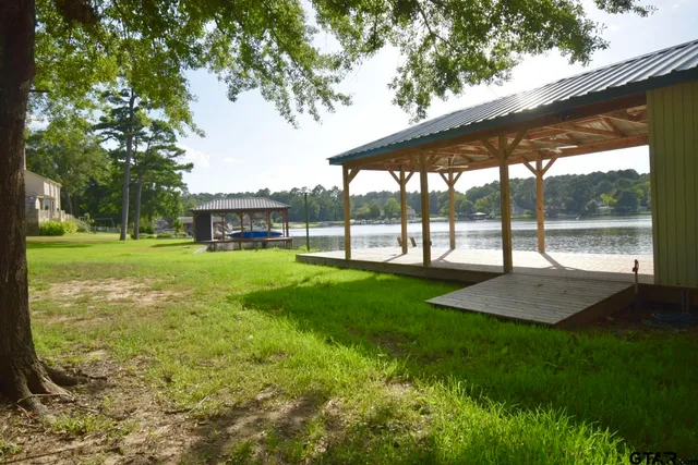 a view of a field with trees in the background
