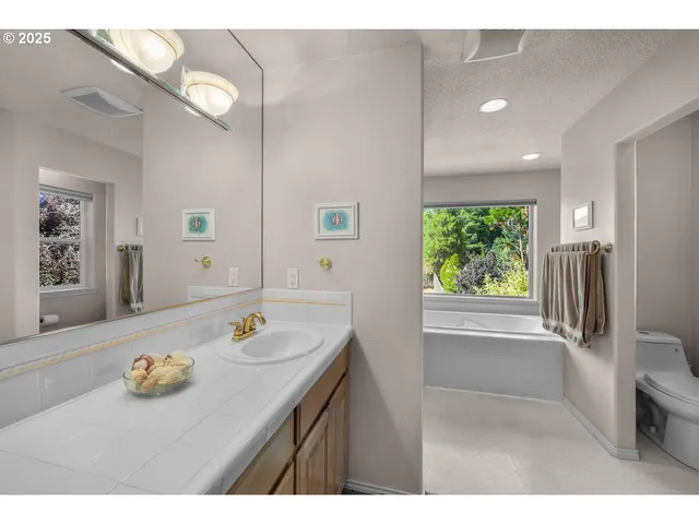 a bathroom with a sink a vanity and a large mirror