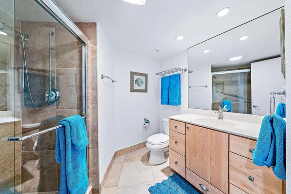 a spacious bathroom with a granite countertop sink a toilet a mirror and shower