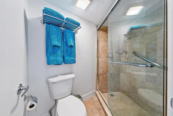 a bathroom with a toilet and a shower