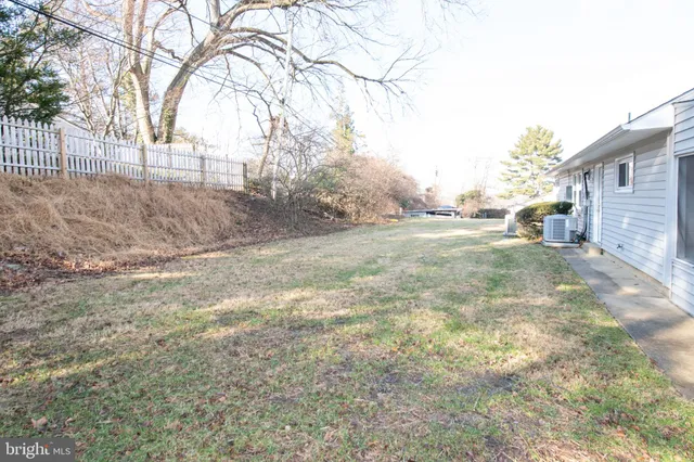 a view of a yard with large trees