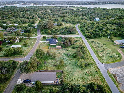 an aerial view of residential houses with outdoor space and trees