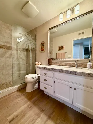 a bathroom with a granite countertop sink toilet and shower