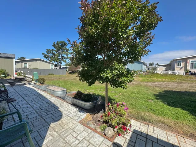 a view of backyard with outdoor seating and green space