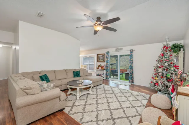 a living room with furniture and a potted plant