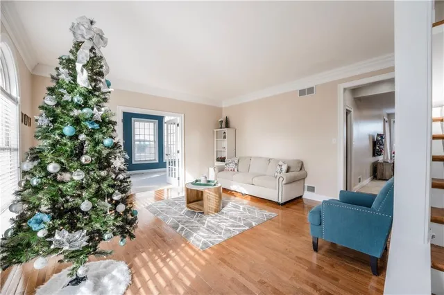 a living room with furniture plant and a window