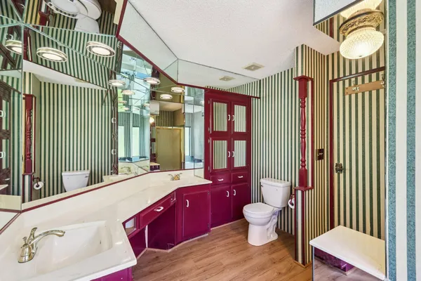 a bathroom with a toilet a sink a mirror and vanity