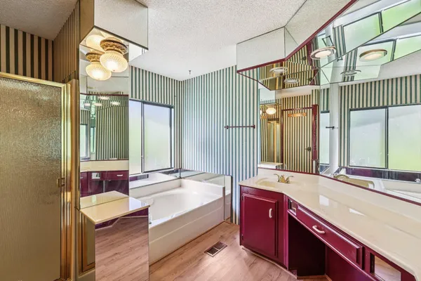 a bathroom with a sink a mirror and a shower