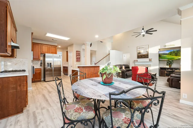 a view of a dining room with furniture