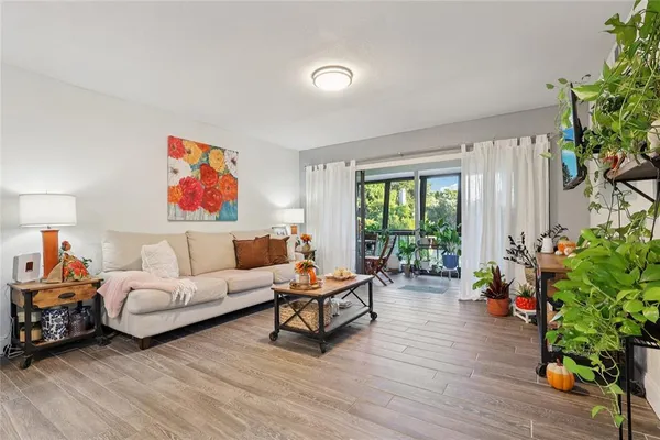 a living room with furniture and a potted plant