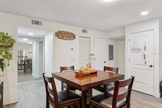 a view of a dining room with furniture