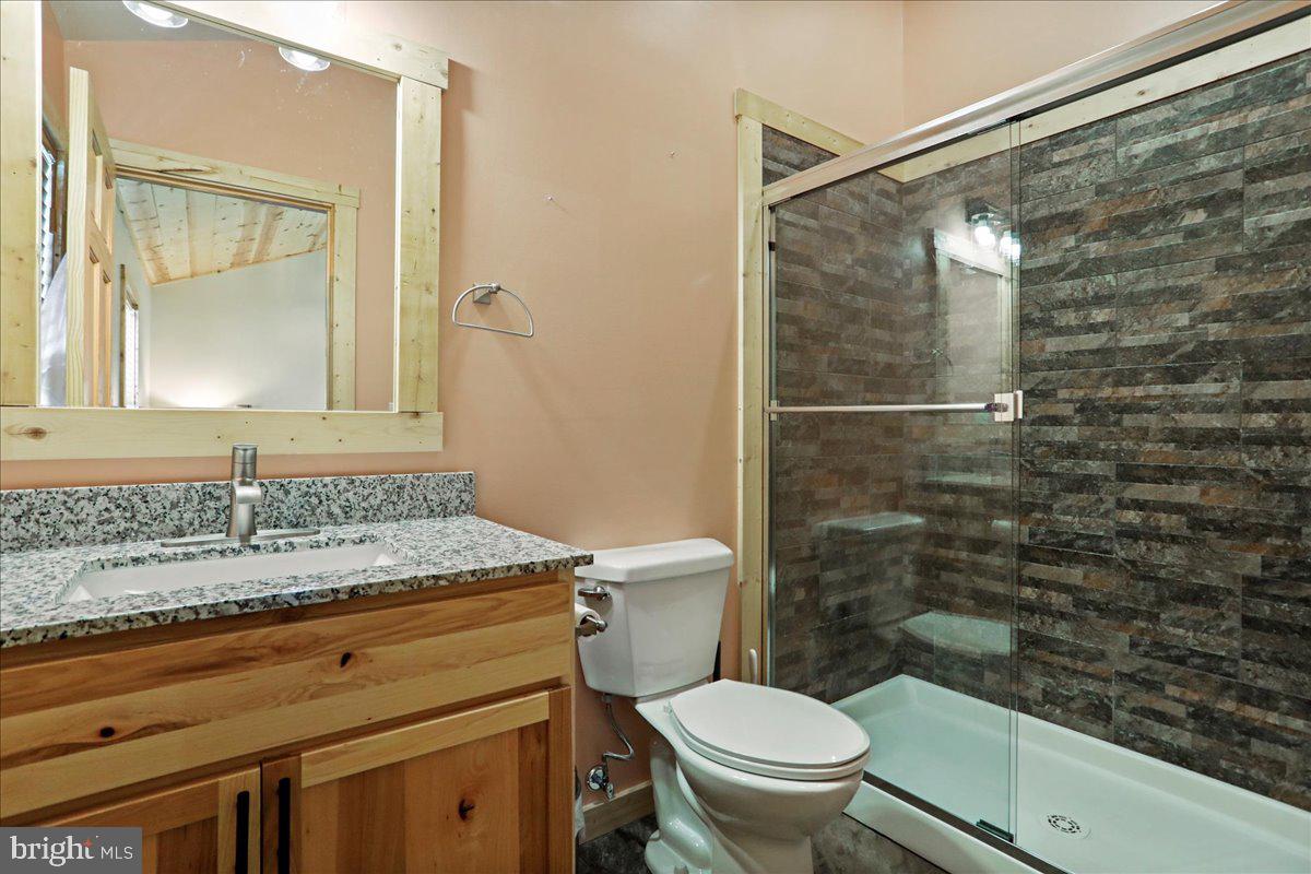 957 North Camp Road McHenry, MD 21541 - Photo 22 of 53 a bathroom with a granite countertop sink toilet and shower