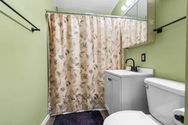 a white toilet sitting next to a shower curtain