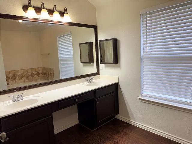 a bathroom with a double vanity sink and mirror