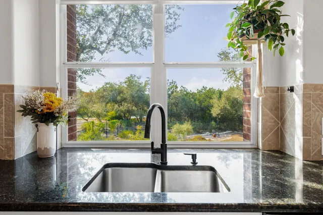 a view of a sink a counter top window and potted plant
