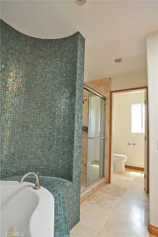 a bathroom with a toilet and a shower