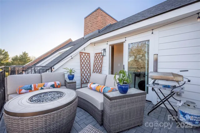 a outdoor space with the couches and dining table with the potted plant
