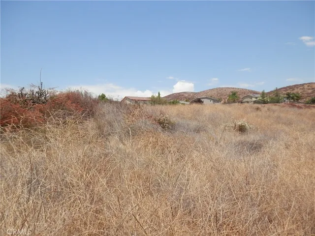 a view of a dry yard with mountains in the background