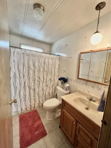 a bathroom with a sink a toilet and shower curtain