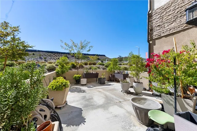 a view of a backyard with chair and potted plants