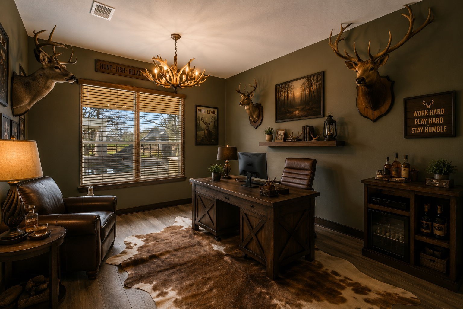 2730 Lawrence Road Kemah, TX 77565 - Photo 20 of 46 This cozy home office features a rustic design with wood accents, hunting-themed decor, and mounted deer heads. A large window provides natural light, while a central desk and leather seating offer comfort and functionality. Ideal for those who appreciate a lodge-like atmosphere.