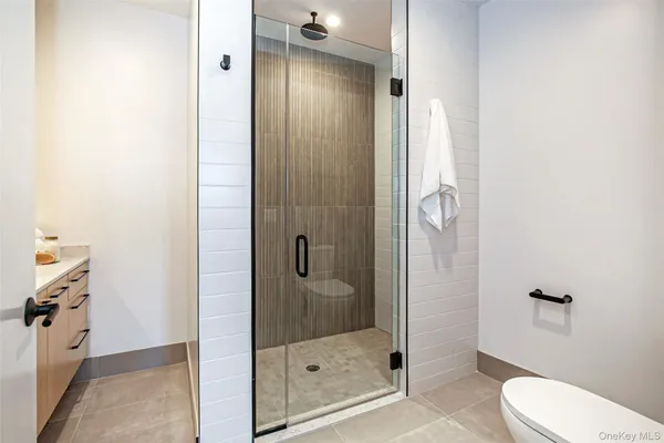 a bathroom with a shower and toilet