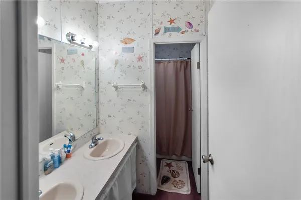 a bathroom with a sink vanity and a mirror