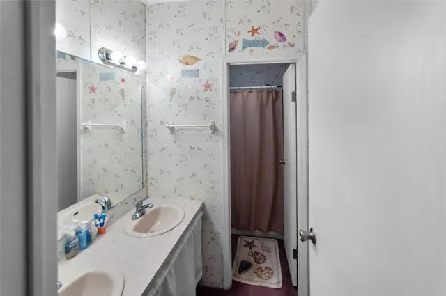 a bathroom with a sink vanity and a mirror