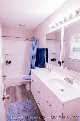 a bathroom with a sink a toilet a mirror and shower