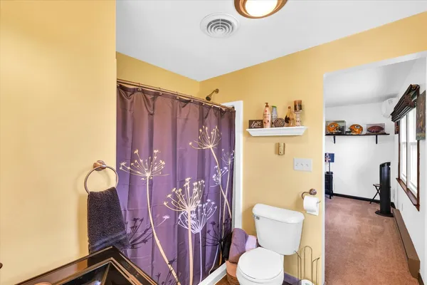 a bathroom with a toilet sink and shower curtain