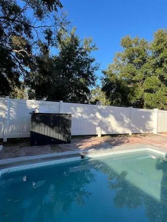 an outdoor view of garden and patio