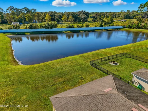 a view of a lake with a city view