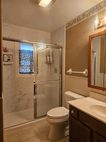 a bathroom with a sink a toilet and shower