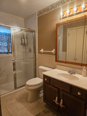 a bathroom with a sink toilet and shower