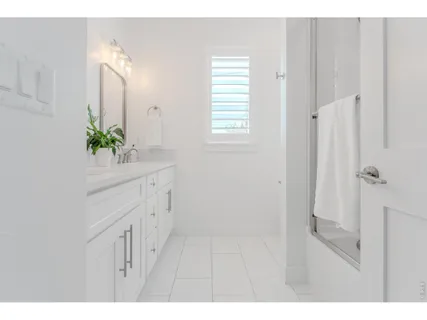 a bathroom with a sink a mirror and a shower