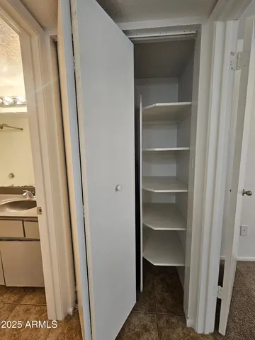 a view of walk in closet with empty racks