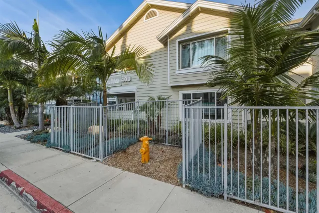 a view of a swimming pool with a lawn chairs under palm trees