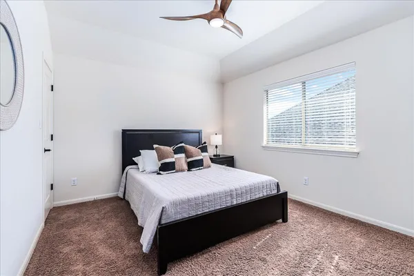 a bedroom with a bed and a window