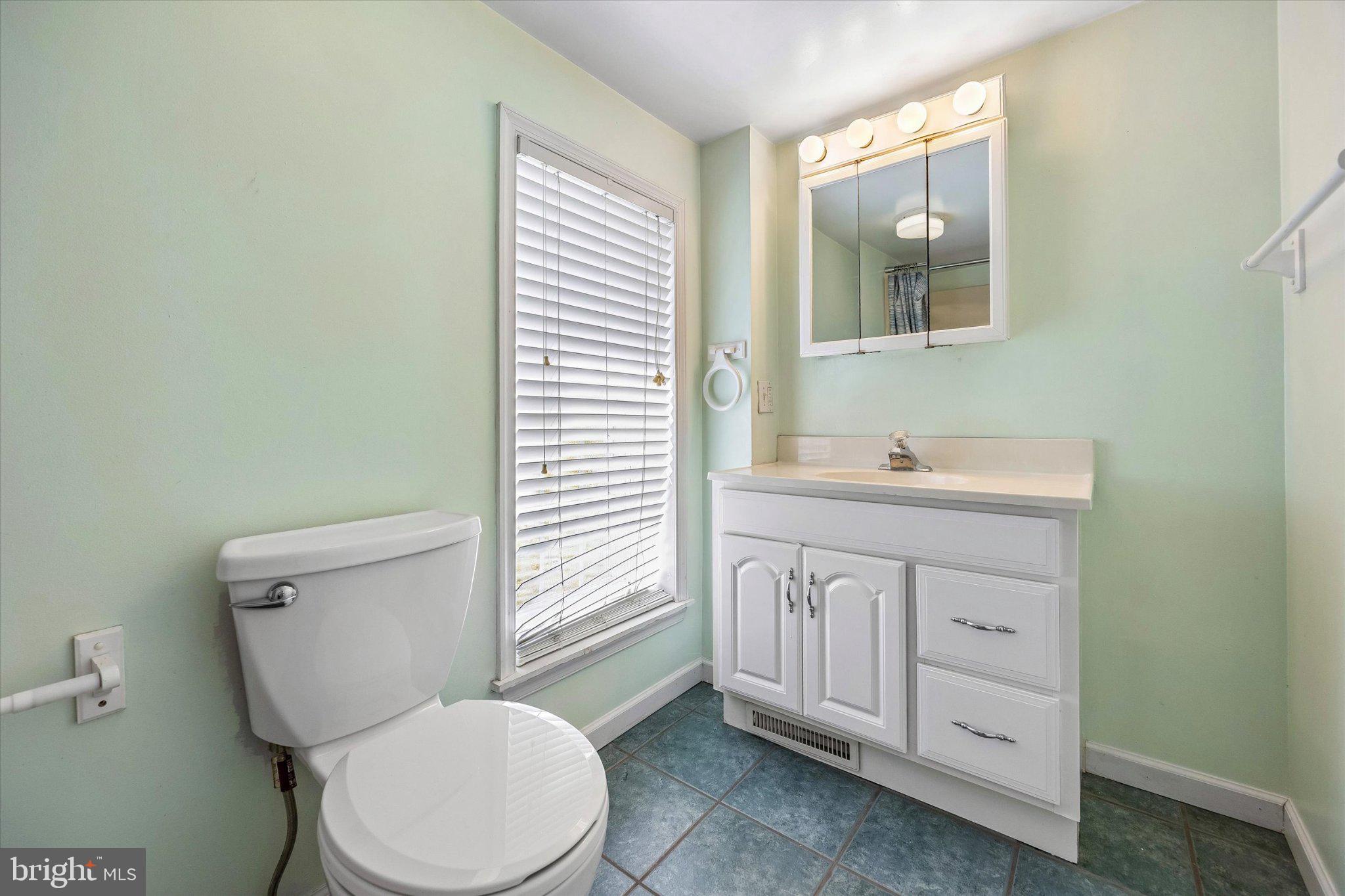 4334 Fleming Street Philadelphia, PA 19128 - Photo 23 of 25 a bathroom with a toilet a sink a mirror a window and vanity