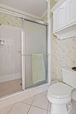 a bathroom with a shower and a toilet