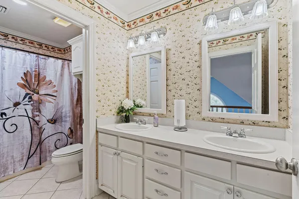 a bathroom with a double vanity sink mirror and toilet