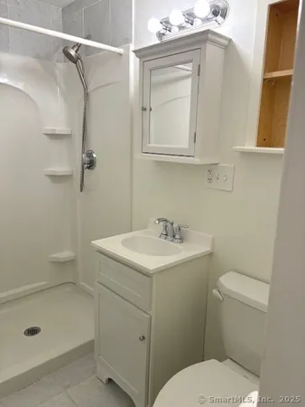 a bathroom with a shower sink vanity and mirror