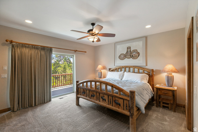 755 South Zion Ridge Drive Orderville, UT 84758 - Photo 33 of 84 Carpeted bedroom with access to exterior, recessed lighting, and ceiling fan
