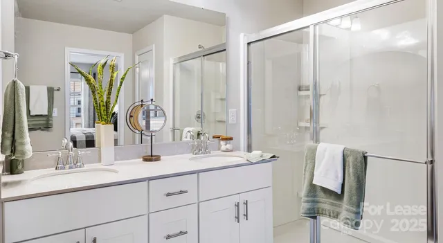 a bathroom with double vanity sink a mirror and a shower