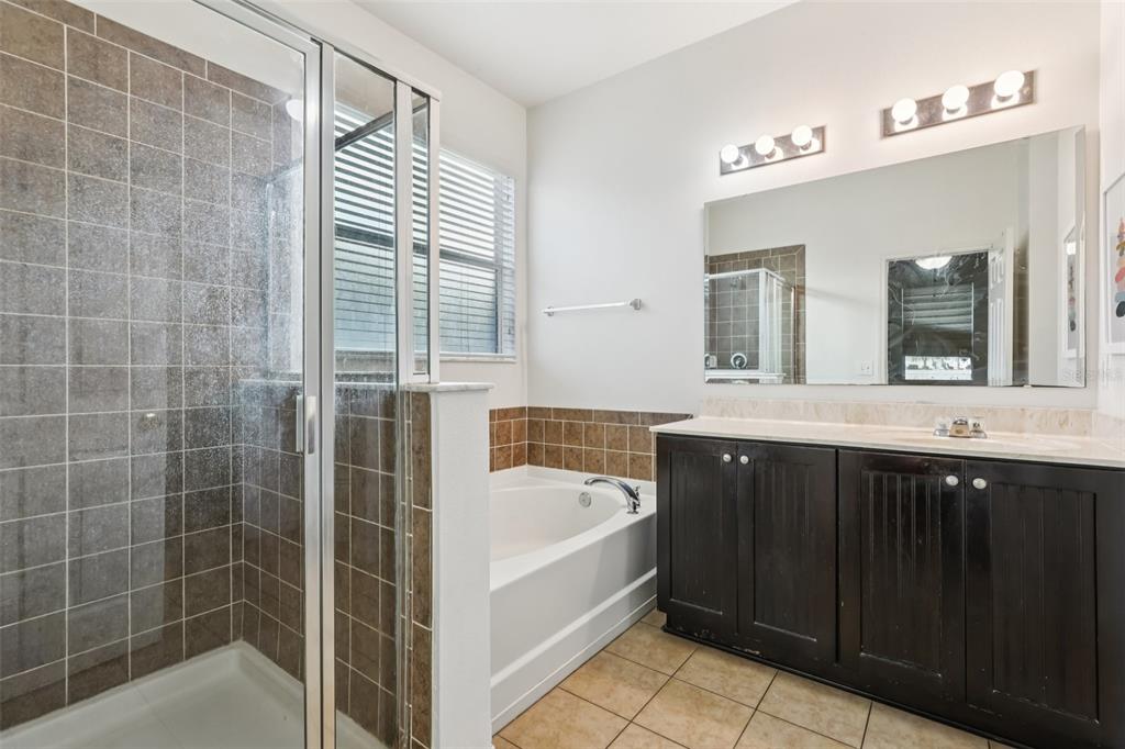 1689 Strathmore Circle Mount Dora, FL 32757 - Photo 27 of 37 a bathroom with a double vanity sink a large mirror and bathtub
