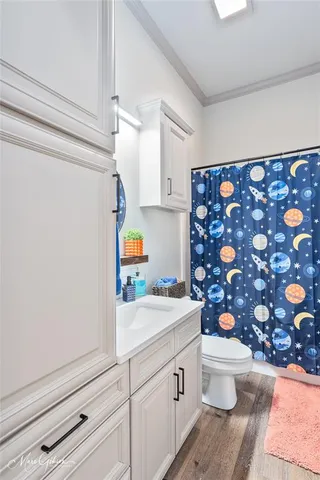 a bathroom with a sink a toilet and shower curtain