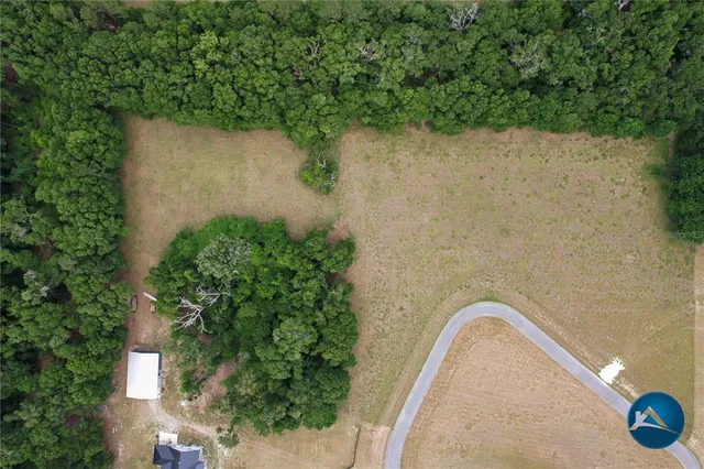 an aerial view of a house with outdoor space and trees all around